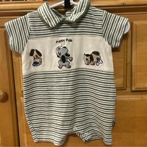 Baby Crew Green & White Striped Romper w/Three Puppies Embroidery on Front 0-3M
